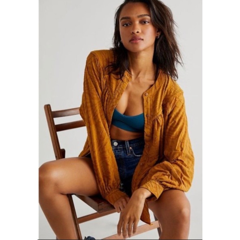 Free People Can't Stop Dreaming Tunic Mustard‎ Boho Textured Blouse Small